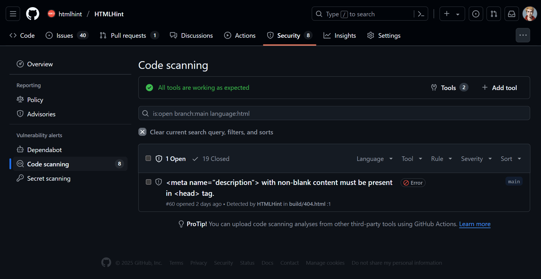 Screenshot of the HTMLHint GitHub Code Scanning Integration